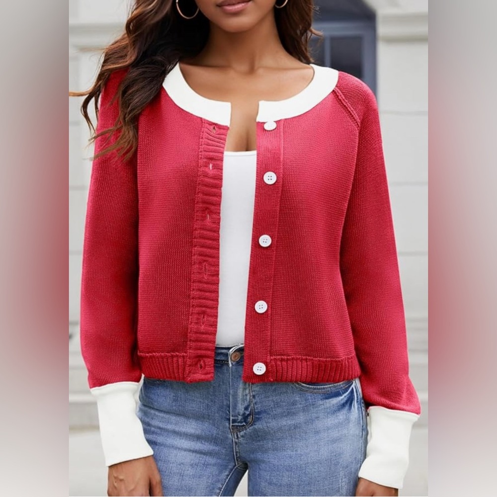 NEW Boutique Open Button Cardigan in Red with contrasting white